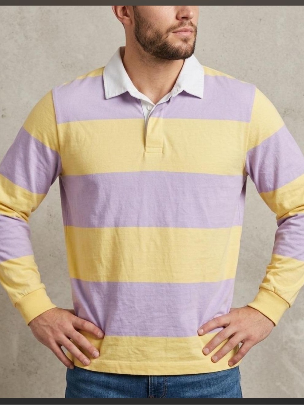 GAP Rugby Large Yellow Purple Striped Long Sleeve Cotton Polo Shirt Men’s Spring